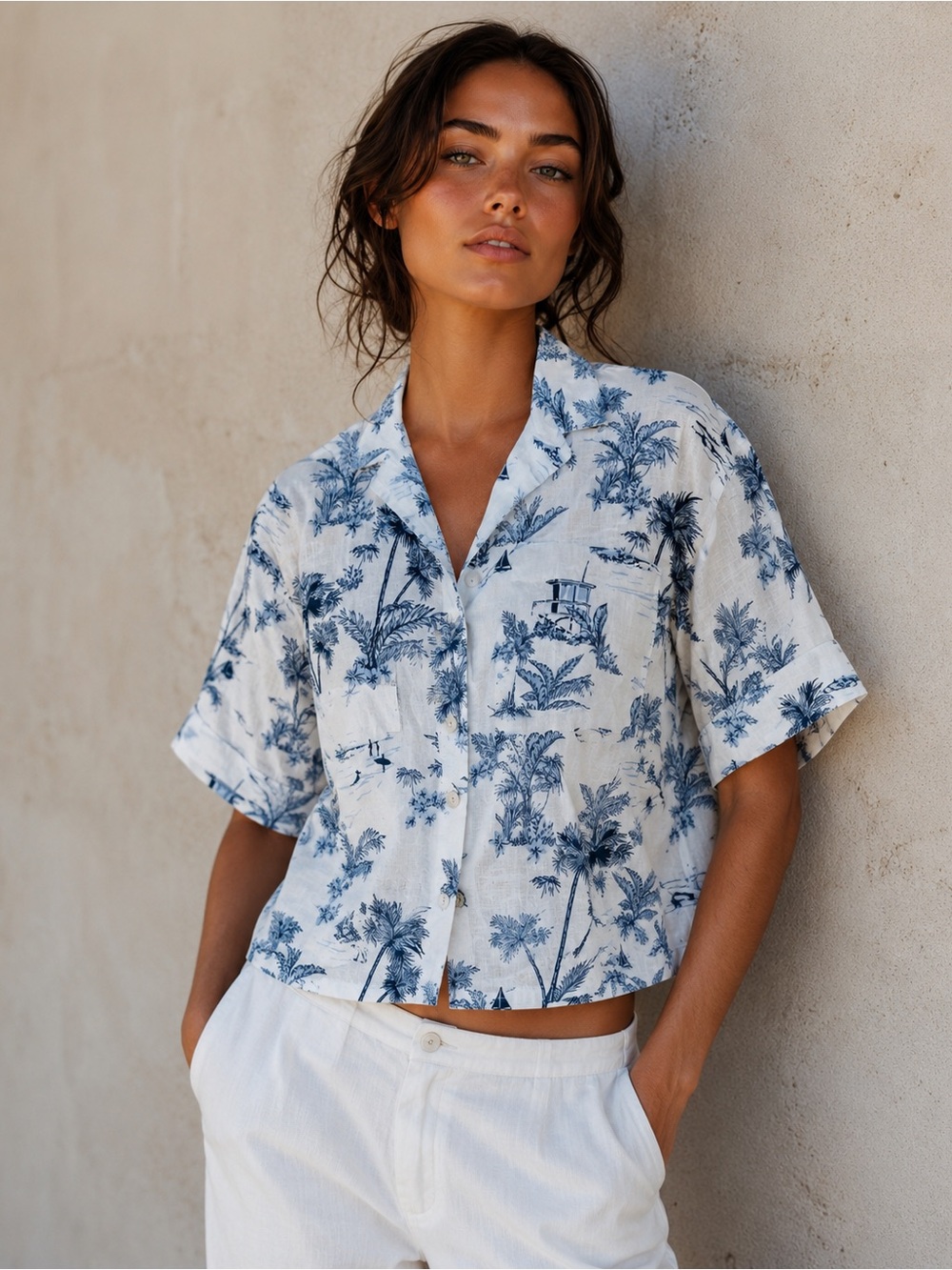 C&C California Linen Blend Tropical Scenic Camp Shirt Small Coastal Resort Boxy